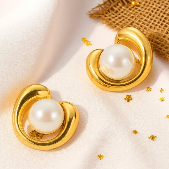 πModern Classic 18K Gold Plated Faux Pearl Earrings | Dainty Chic Minimalist - Picture 10 of 10
